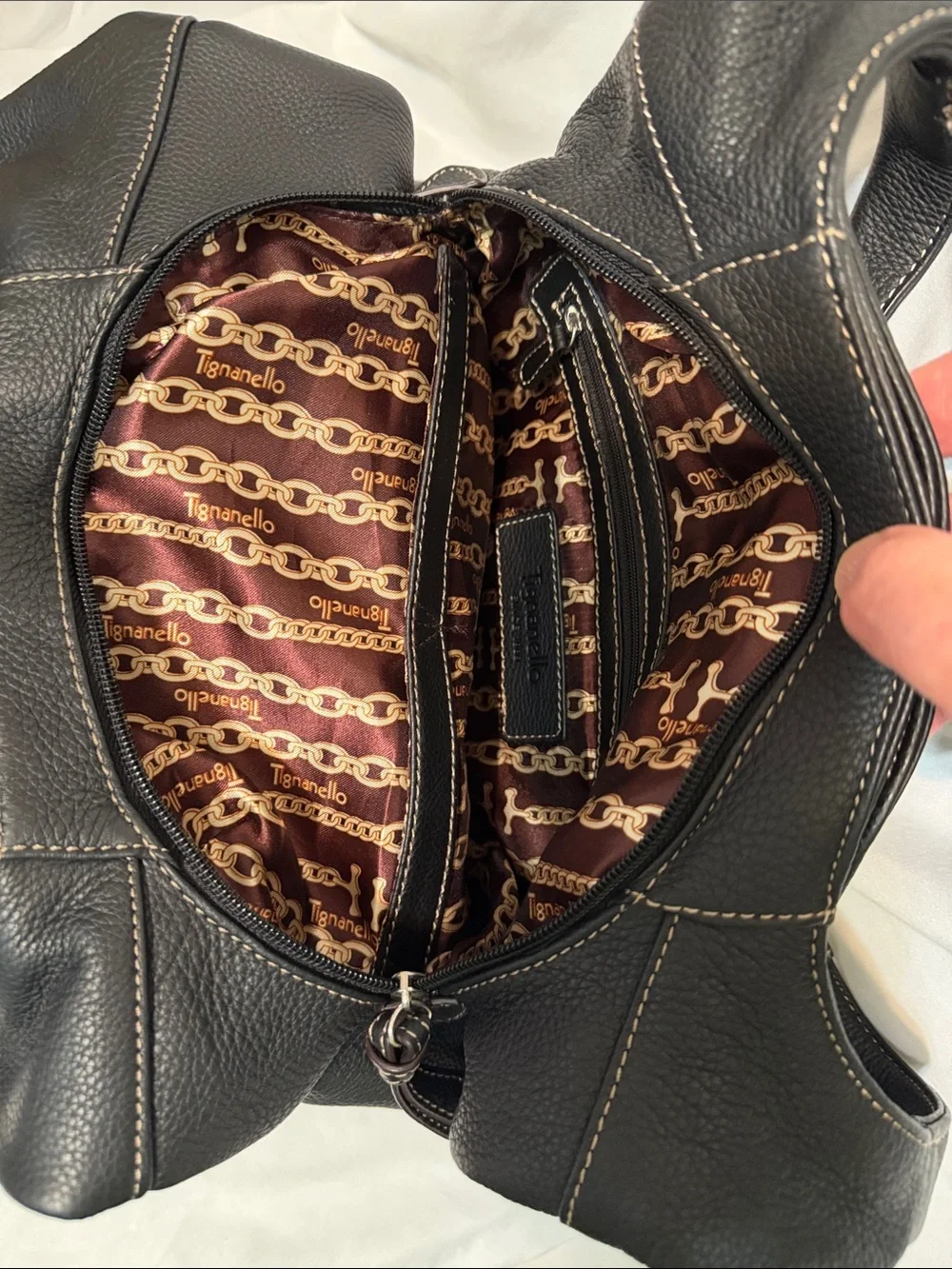 Tignanello Classic Black Leather Tote Bag with Zip Pockets
